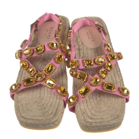 Gucci Pink Leather Jeweled Espadrilles - Picture 1 of 5